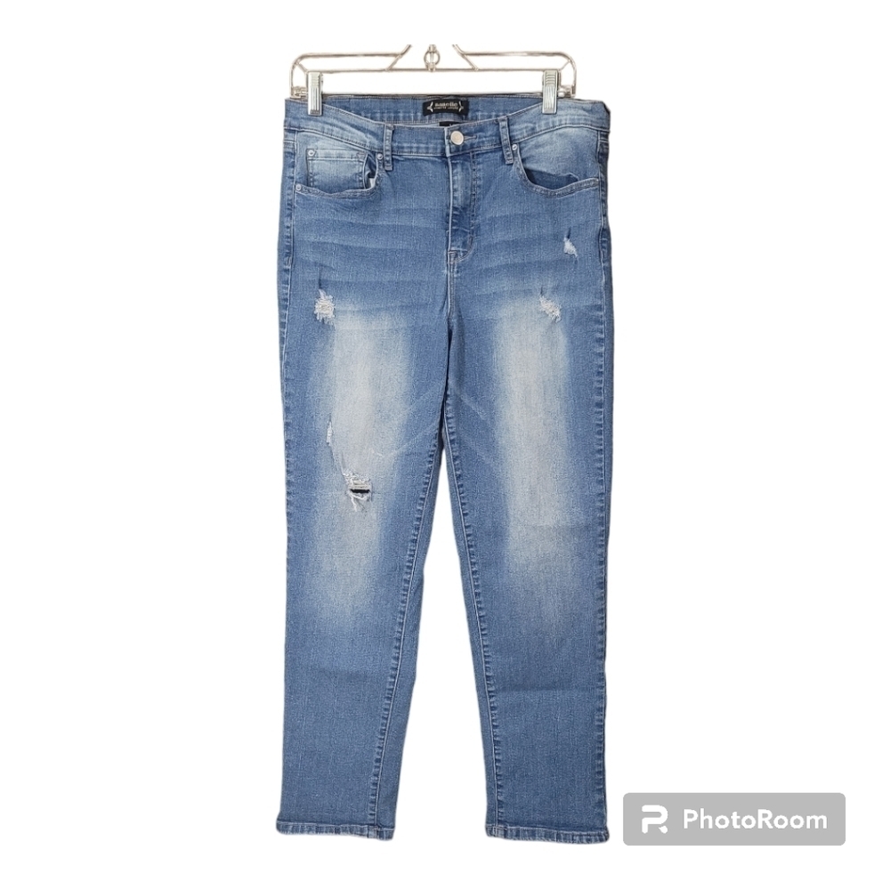 Nanette Lepore Belle high rise slim straight light was distressed denim jeans 12